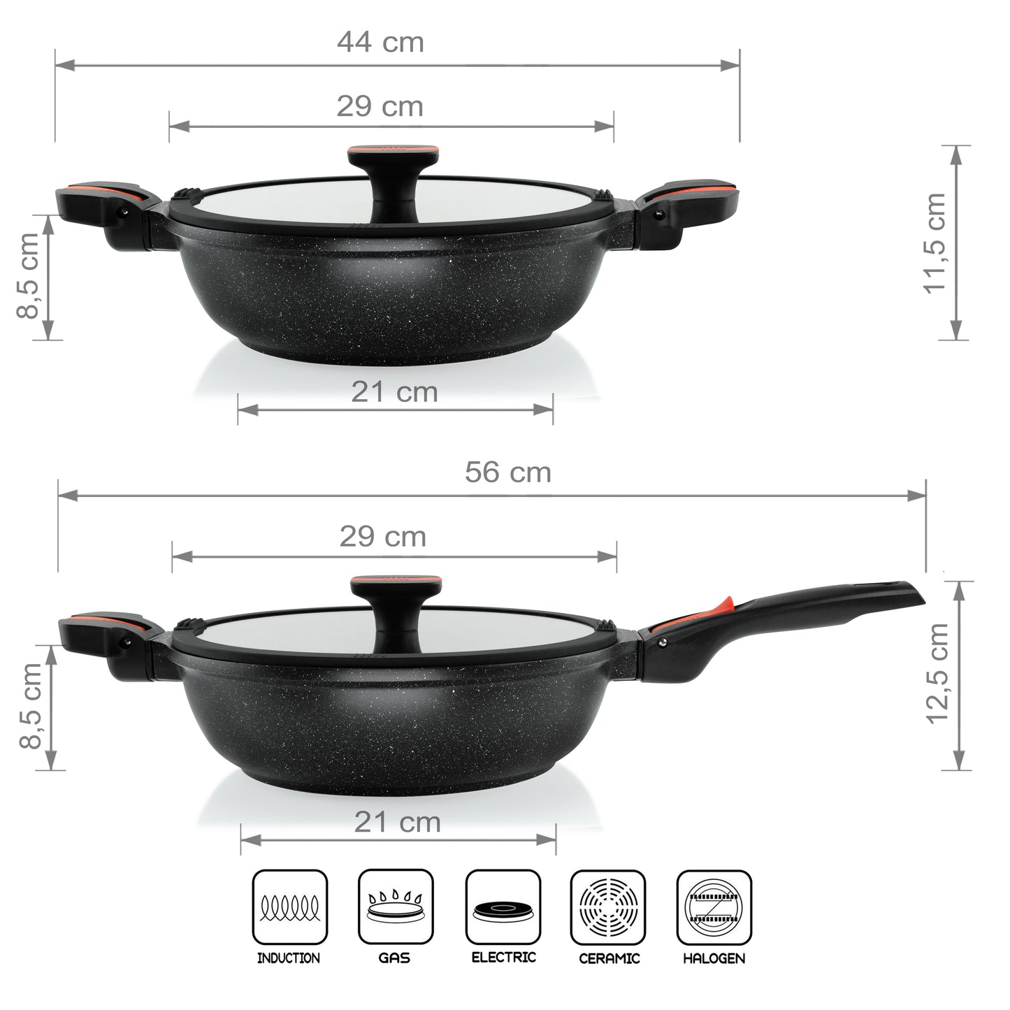 Linnuo® Premium-Line Aluguss Schmorpfanne mit abnehmbaren Griffen und Deckel 28 cm