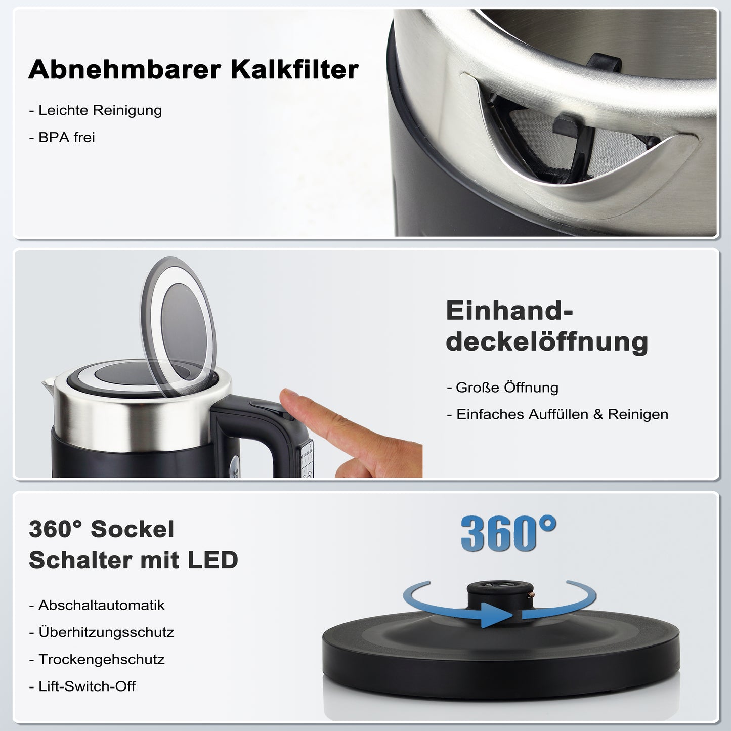 Linnuo® Wasserkocher (schwarz, 1,7 Liter, mit Temperaturwahl)