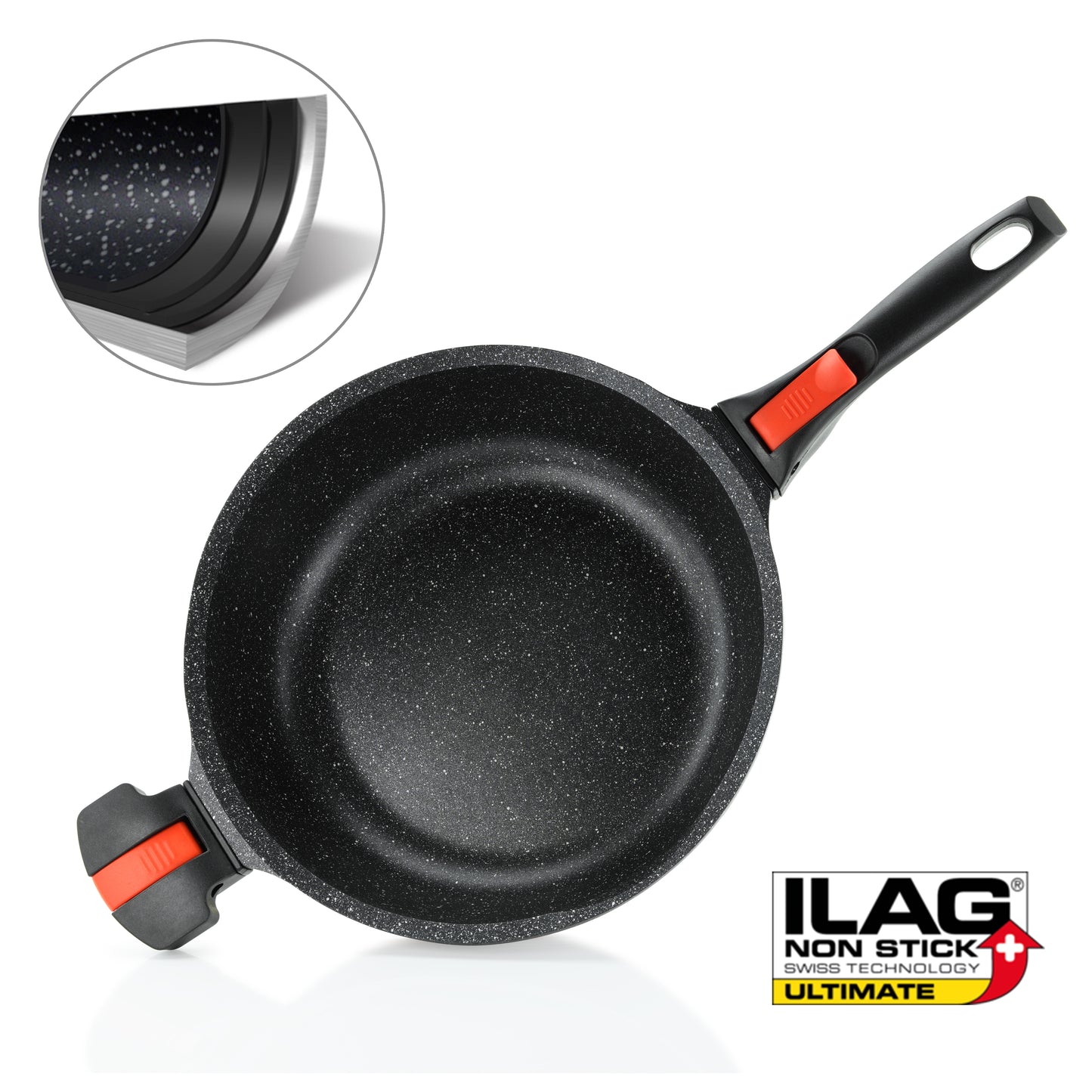 Linnuo® Premium-Line Aluguss Schmorpfanne mit abnehmbaren Griffen und Deckel 28 cm