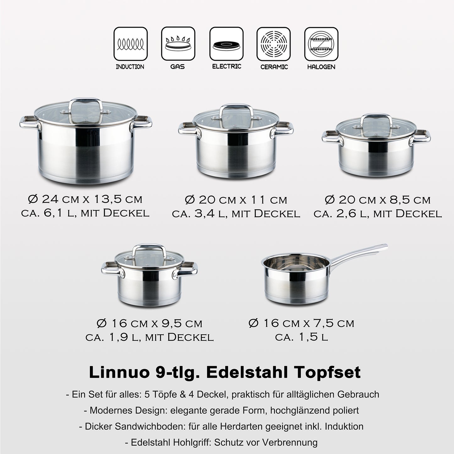 Linnuo® Trend-Line 9 tlg. Edelstahl Topfset