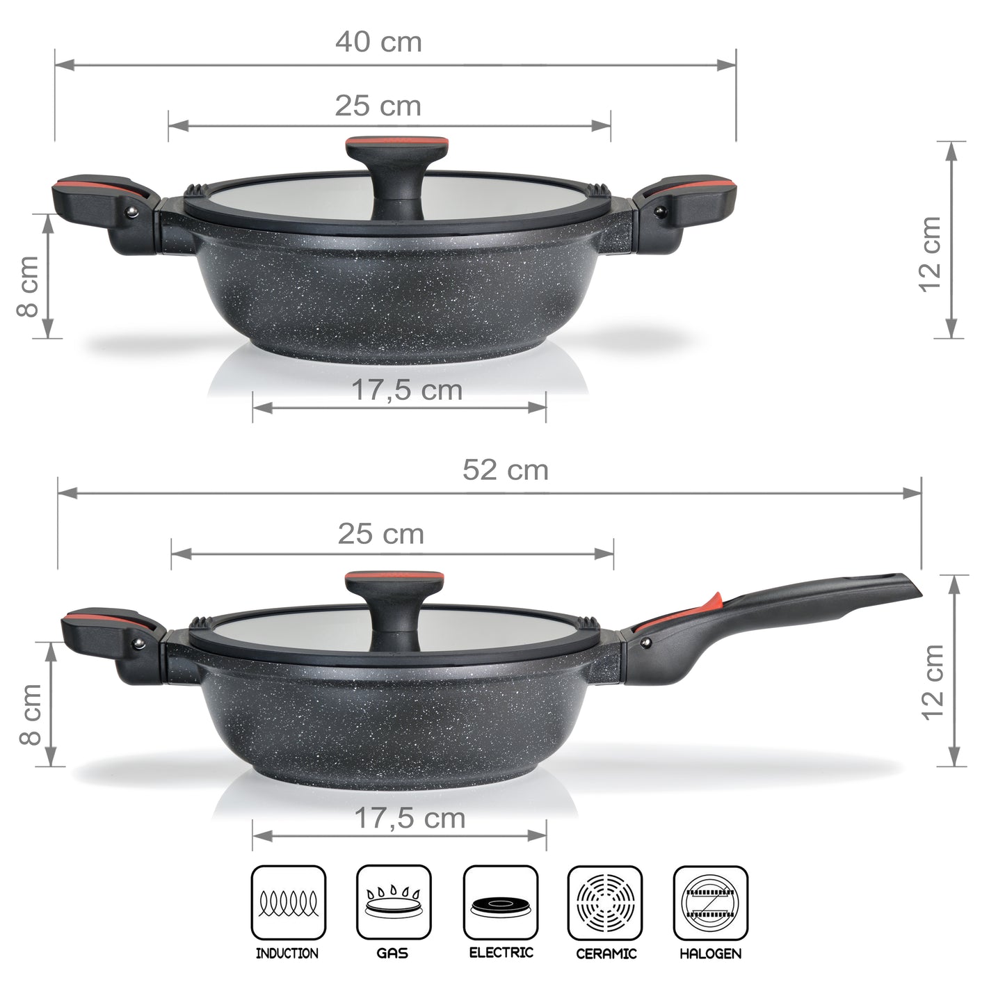 Linnuo® Premium-Line Aluguss Schmorpfanne mit abnehmbaren Griffen und Deckel 24 cm