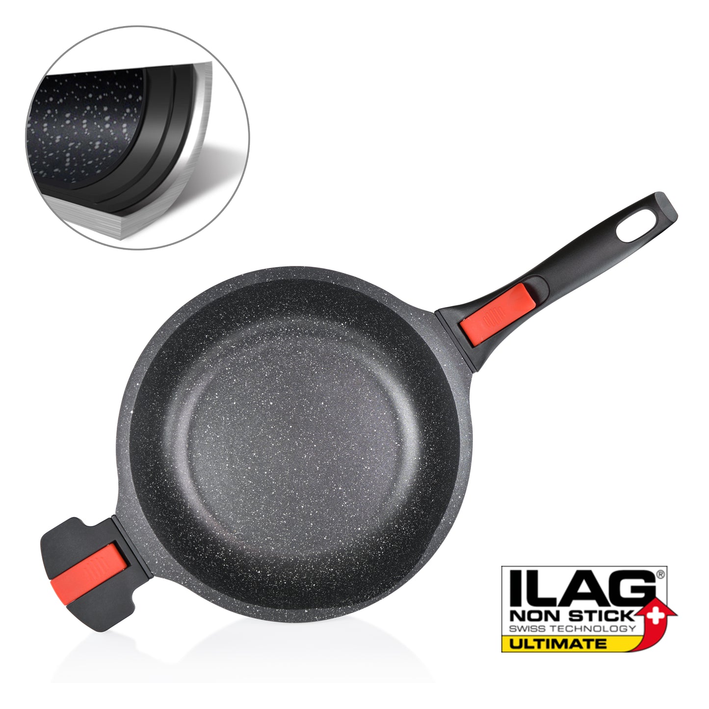 Linnuo® Premium-Line Aluguss Schmorpfanne mit abnehmbaren Griffen und Deckel 24 cm