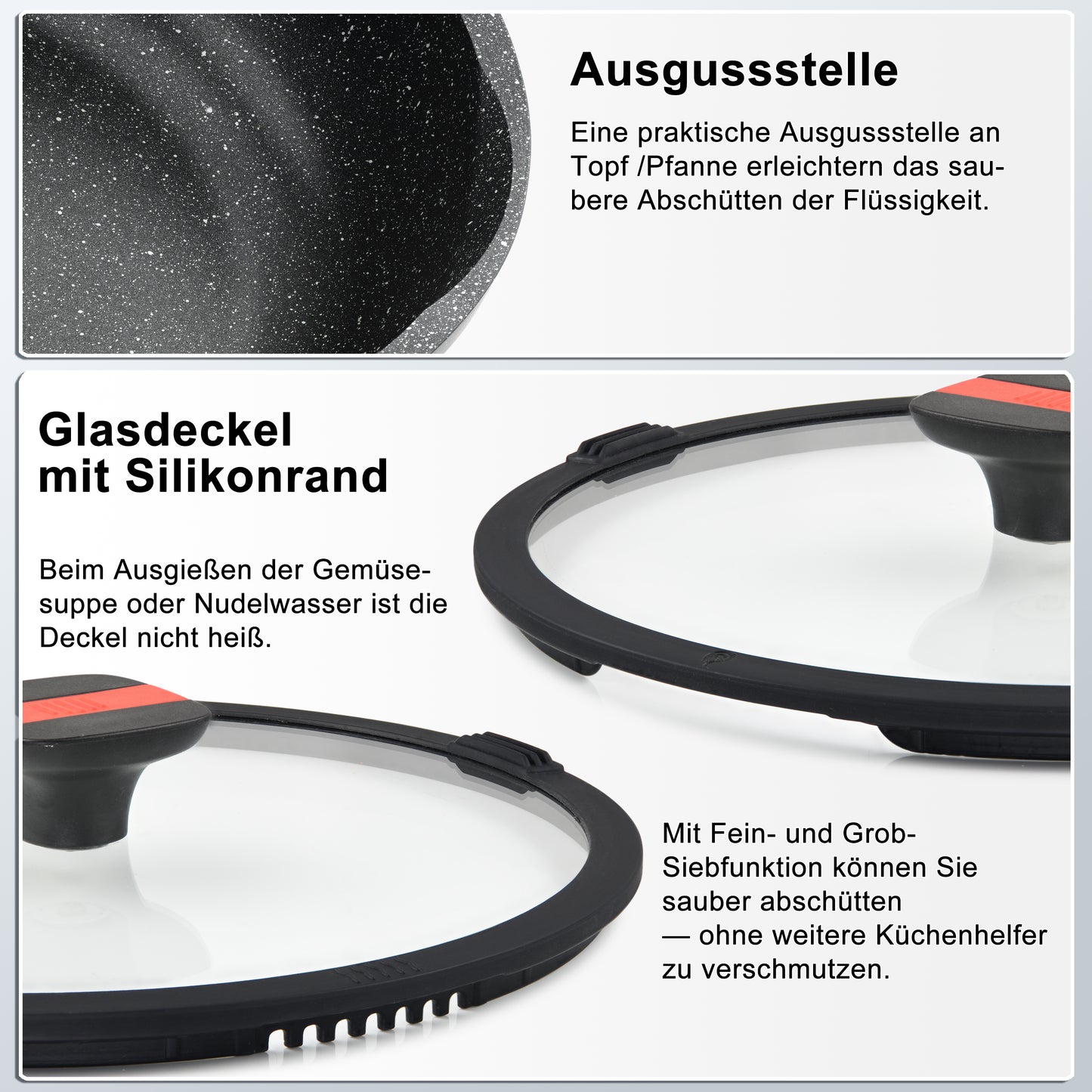 Linnuo® Premium-Line Aluguss Schmorpfanne mit abnehmbaren Griffen und Deckel 24 cm