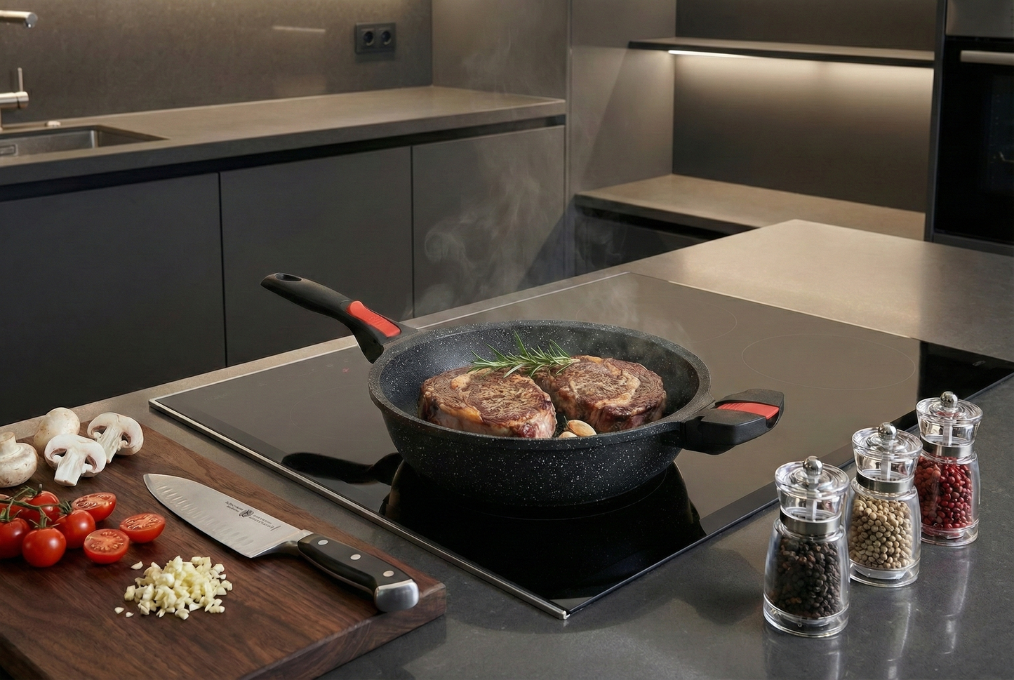 Linnuo® Premium-Line Aluguss Schmorpfanne mit abnehmbaren Griffen und Deckel 24 cm