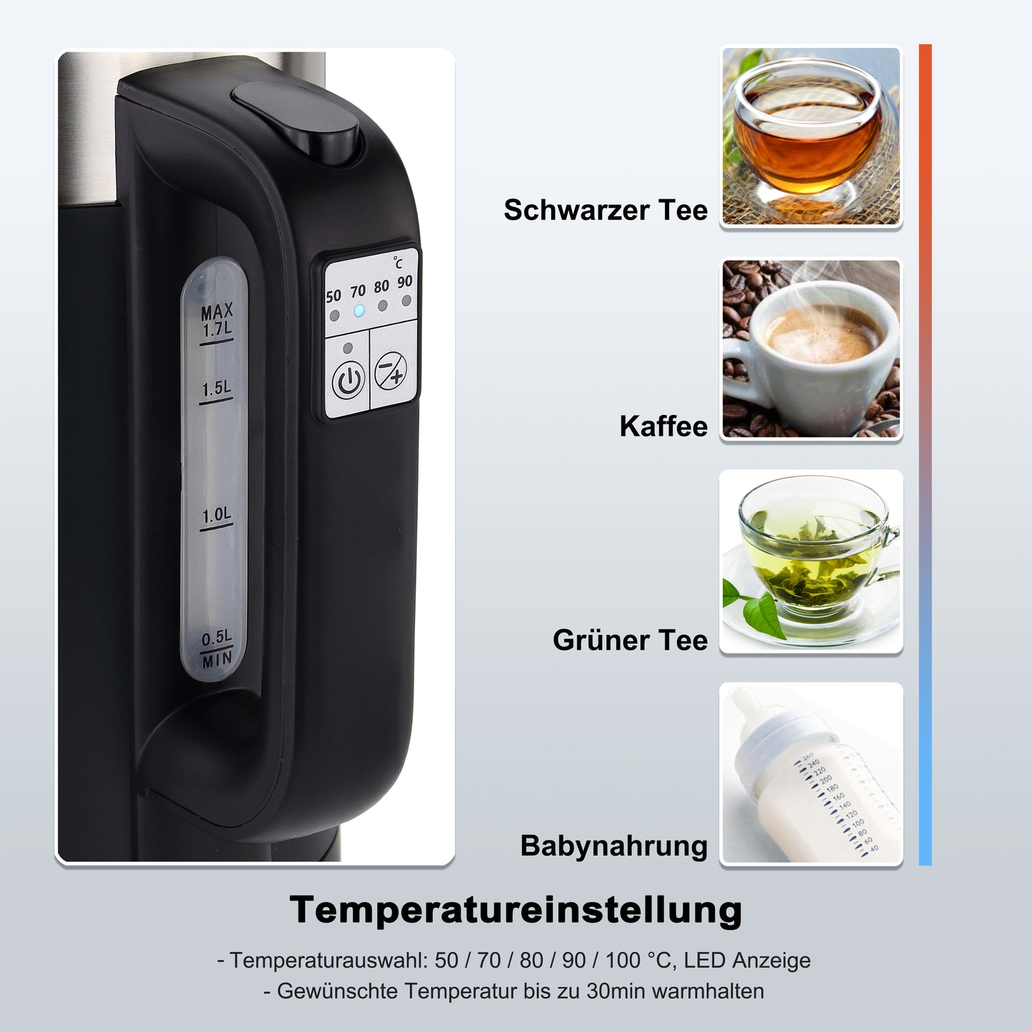 Linnuo® Wasserkocher (schwarz, 1,7 Liter, mit Temperaturwahl)