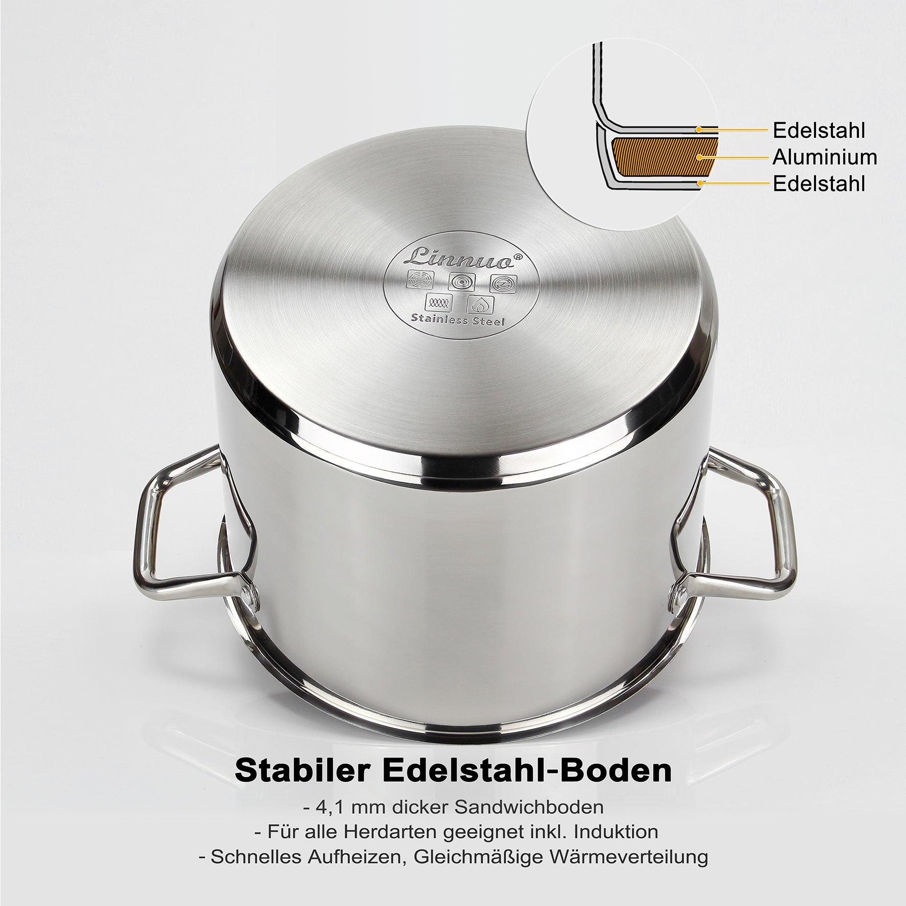 suppe im edelstahltopf aufbewahren Linnuo® Comfort-Line 6,8 l Edelstahl-Topf Glasdeckel Induktion Griff nicht heiß