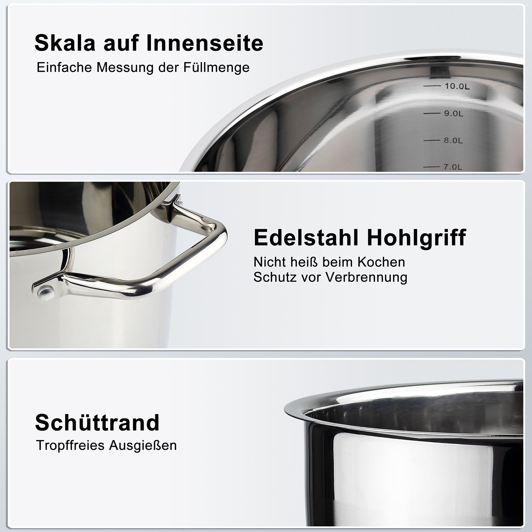 suppe im edelstahltopf aufbewahren Linnuo® Comfort-Line 6,8 l Edelstahl-Topf Glasdeckel Induktion Griff nicht heiß
