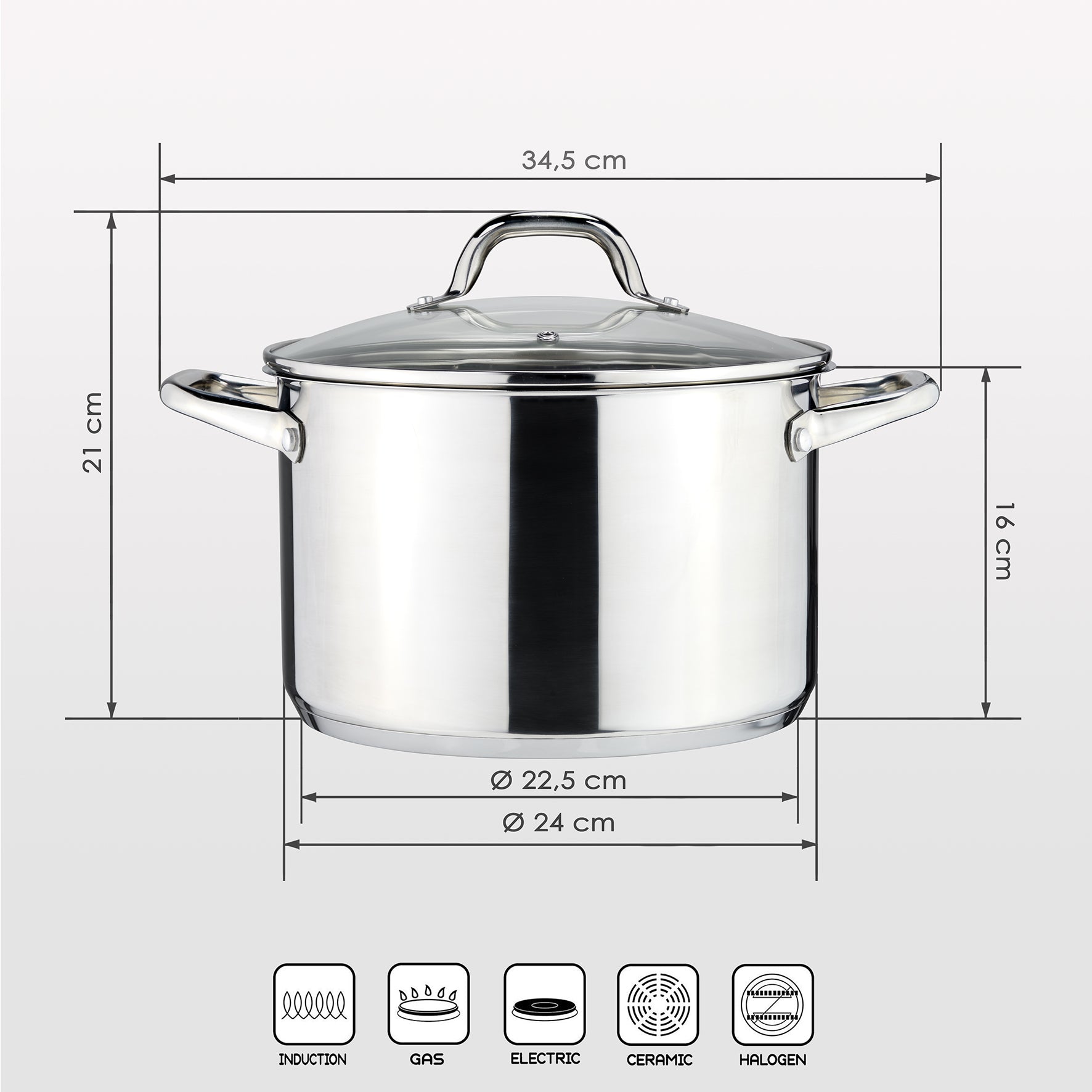 Linnuo® Comfort-Line 6,8 l Edelstahl-Topf Glasdeckel Induktion Griff nicht heiß